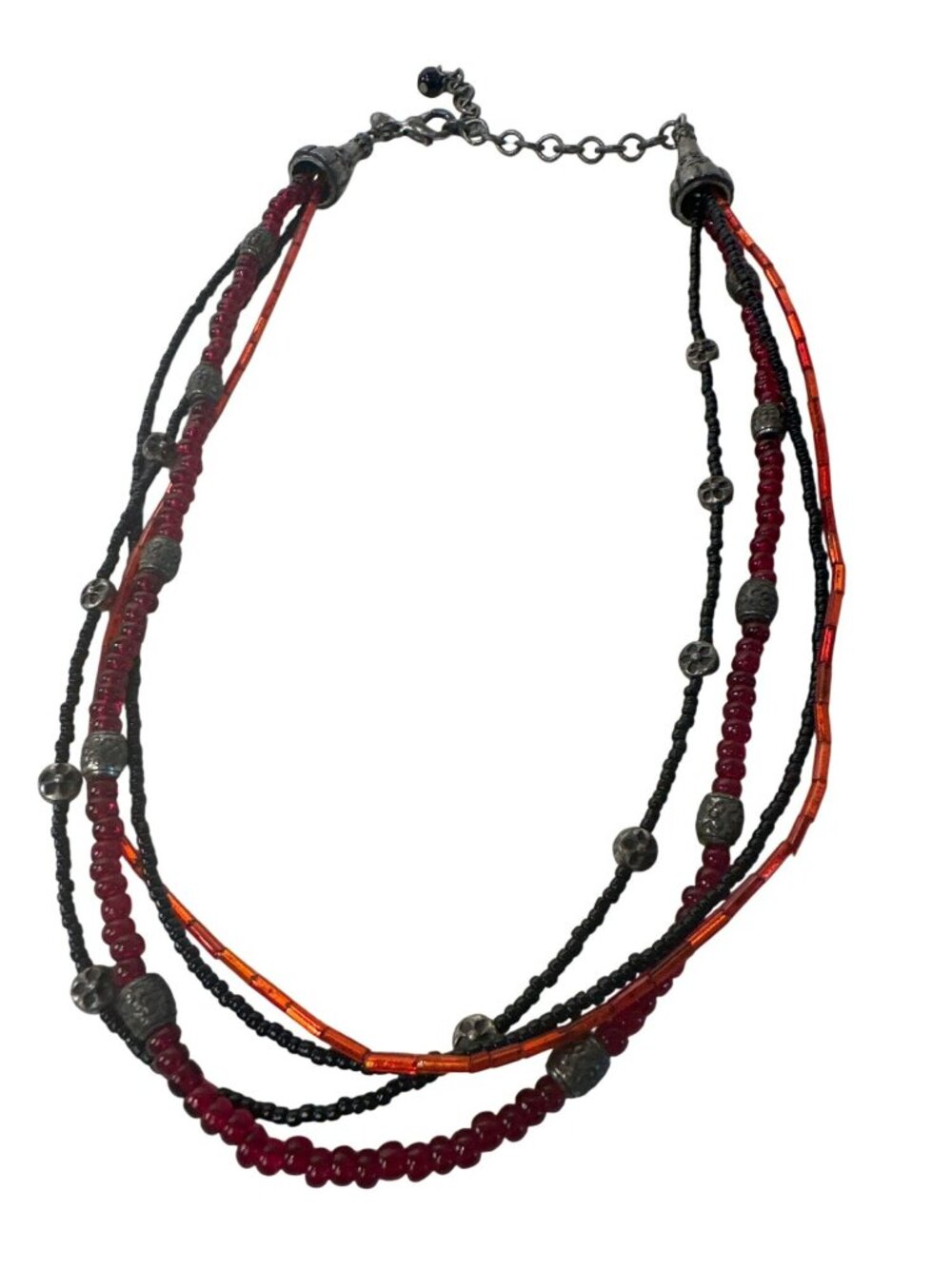VTG Chicos Necklace Multistrand Red & Black Beaded Silver Tone Boho Whimsigoth
